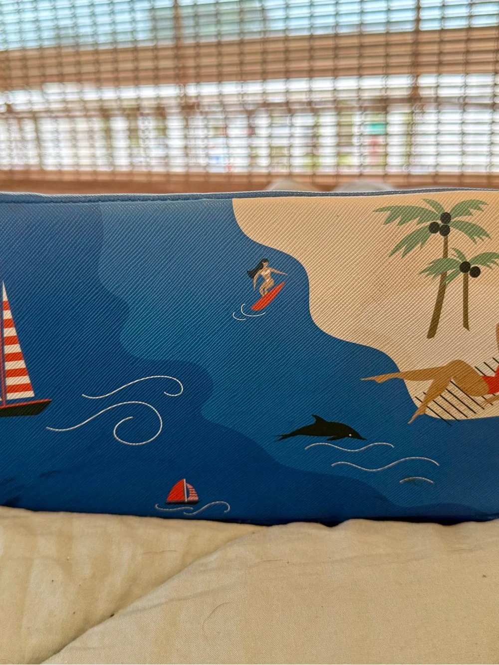 Spartina 449 Southern California Beige, Blue & Coral Illustrated Shoulder Tote